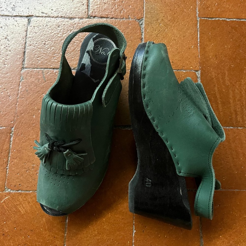 No. 6 Green Leather Wedge Clog with Tassel Fringe Peep Toe Size 40